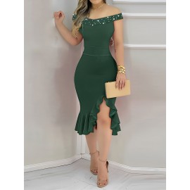 Sexy Off the Shoulder Solid Color Tunic Dress - Elastic Micro Stretchy Fabric, Ruffle Hem Beading Trim, Split Details, Middle East Style Party Bodycon Dress for Women - Summer Polyester Knit Fabric Clothing