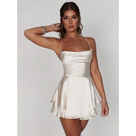 Mini Backless Ruffle Slingback Dress - Elegant Square Neck, High Elasticity Polyester, Solid Color, Knit Fabric, Perfect for Coquette Y2K Style Party Dressing - Womens Clothing for All Seasons