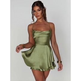 Mini Backless Ruffle Slingback Dress - Elegant Square Neck, High Elasticity Polyester, Solid Color, Knit Fabric, Perfect for Coquette Y2K Style Party Dressing - Womens Clothing for All Seasons