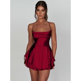 Mini Backless Ruffle Slingback Dress - Elegant Square Neck, High Elasticity Polyester, Solid Color, Knit Fabric, Perfect for Coquette Y2K Style Party Dressing - Womens Clothing for All Seasons