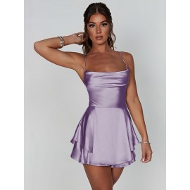 Mini Backless Ruffle Slingback Dress - Elegant Square Neck, High Elasticity Polyester, Solid Color, Knit Fabric, Perfect for Coquette Y2K Style Party Dressing - Womens Clothing for All Seasons