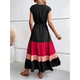 Color Block Pleated Dress, Casual Surplice Neck Cap Sleeve Dress, Women's Clothing