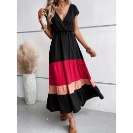 Color Block Pleated Dress, Casual Surplice Neck Cap Sleeve Dress, Women's Clothing
