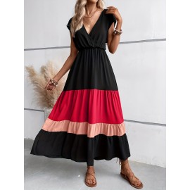 Color Block Pleated Dress, Casual Surplice Neck Cap Sleeve Dress, Women's Clothing