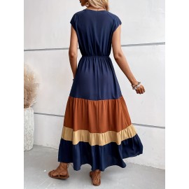 Color Block Pleated Dress, Casual Surplice Neck Cap Sleeve Dress, Women's Clothing