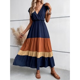 Color Block Pleated Dress, Casual Surplice Neck Cap Sleeve Dress, Women's Clothing
