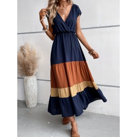 Color Block Pleated Dress, Casual Surplice Neck Cap Sleeve Dress, Women's Clothing