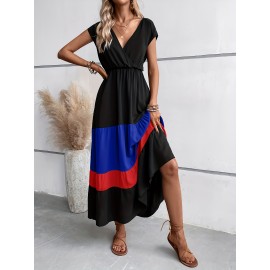 Color Block Pleated Dress, Casual Surplice Neck Cap Sleeve Dress, Women's Clothing