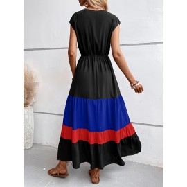 Color Block Pleated Dress, Casual Surplice Neck Cap Sleeve Dress, Women's Clothing