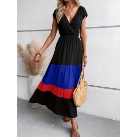 Color Block Pleated Dress, Casual Surplice Neck Cap Sleeve Dress, Women's Clothing