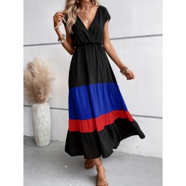 Color Block Pleated Dress, Casual Surplice Neck Cap Sleeve Dress, Women's Clothing