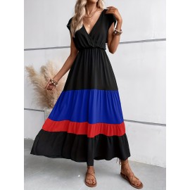 Color Block Pleated Dress, Casual Surplice Neck Cap Sleeve Dress, Women's Clothing