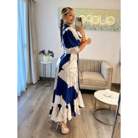 Vibrant Graphic Print Belted Dress - Elegant Lantern Sleeve, Ruffled High-Low Hem, Flowy Silhouette, Spring & Summer Essential, Women's Clothing for Elegant Dressing, Perfect for Outdoor Events and Casual Gatherings
