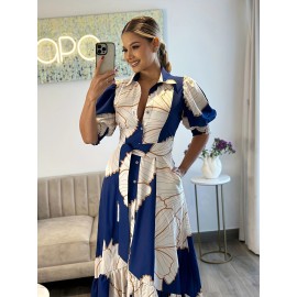 Vibrant Graphic Print Belted Dress - Elegant Lantern Sleeve, Ruffled High-Low Hem, Flowy Silhouette, Spring & Summer Essential, Women's Clothing for Elegant Dressing, Perfect for Outdoor Events and Casual Gatherings