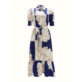 Vibrant Graphic Print Belted Dress - Elegant Lantern Sleeve, Ruffled High-Low Hem, Flowy Silhouette, Spring & Summer Essential, Women's Clothing for Elegant Dressing, Perfect for Outdoor Events and Casual Gatherings