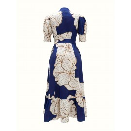 Vibrant Graphic Print Belted Dress - Elegant Lantern Sleeve, Ruffled High-Low Hem, Flowy Silhouette, Spring & Summer Essential, Women's Clothing for Elegant Dressing, Perfect for Outdoor Events and Casual Gatherings