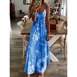Long Sleeveless Spaghetti Strap Floral Print Slingback Dress - Sexy Beach Style, Regular Fit, Micro Elasticity, Machine Washable, Polyester Fabric - Perfect for Adult Women