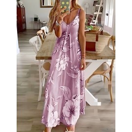Long Sleeveless Spaghetti Strap Floral Print Slingback Dress - Sexy Beach Style, Regular Fit, Micro Elasticity, Machine Washable, Polyester Fabric - Perfect for Adult Women