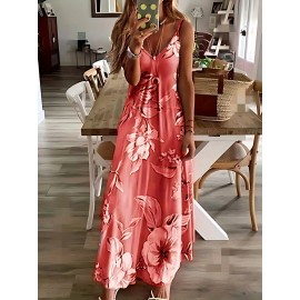 Long Sleeveless Spaghetti Strap Floral Print Slingback Dress - Sexy Beach Style, Regular Fit, Micro Elasticity, Machine Washable, Polyester Fabric - Perfect for Adult Women