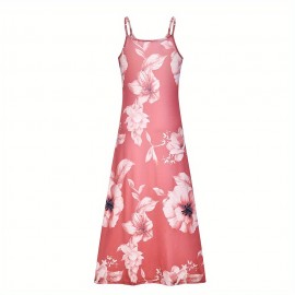 Long Sleeveless Spaghetti Strap Floral Print Slingback Dress - Sexy Beach Style, Regular Fit, Micro Elasticity, Machine Washable, Polyester Fabric - Perfect for Adult Women