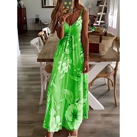 Long Sleeveless Spaghetti Strap Floral Print Slingback Dress - Sexy Beach Style, Regular Fit, Micro Elasticity, Machine Washable, Polyester Fabric - Perfect for Adult Women