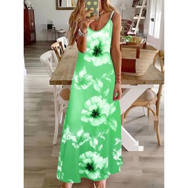 Long Sleeveless Spaghetti Strap Floral Print Slingback Dress - Sexy Beach Style, Regular Fit, Micro Elasticity, Machine Washable, Polyester Fabric - Perfect for Adult Women