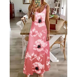 Long Sleeveless Spaghetti Strap Floral Print Slingback Dress - Sexy Beach Style, Regular Fit, Micro Elasticity, Machine Washable, Polyester Fabric - Perfect for Adult Women