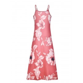 Long Sleeveless Spaghetti Strap Floral Print Slingback Dress - Sexy Beach Style, Regular Fit, Micro Elasticity, Machine Washable, Polyester Fabric - Perfect for Adult Women