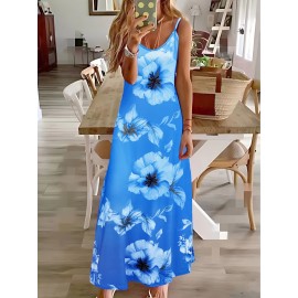 Long Sleeveless Spaghetti Strap Floral Print Slingback Dress - Sexy Beach Style, Regular Fit, Micro Elasticity, Machine Washable, Polyester Fabric - Perfect for Adult Women