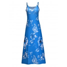 Long Sleeveless Spaghetti Strap Floral Print Slingback Dress - Sexy Beach Style, Regular Fit, Micro Elasticity, Machine Washable, Polyester Fabric - Perfect for Adult Women