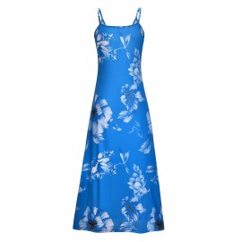 Long Sleeveless Spaghetti Strap Floral Print Slingback Dress - Sexy Beach Style, Regular Fit, Micro Elasticity, Machine Washable, Polyester Fabric - Perfect for Adult Women