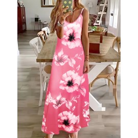 Long Sleeveless Spaghetti Strap Floral Print Slingback Dress - Sexy Beach Style, Regular Fit, Micro Elasticity, Machine Washable, Polyester Fabric - Perfect for Adult Women