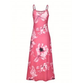 Long Sleeveless Spaghetti Strap Floral Print Slingback Dress - Sexy Beach Style, Regular Fit, Micro Elasticity, Machine Washable, Polyester Fabric - Perfect for Adult Women