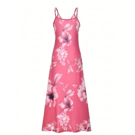 Long Sleeveless Spaghetti Strap Floral Print Slingback Dress - Sexy Beach Style, Regular Fit, Micro Elasticity, Machine Washable, Polyester Fabric - Perfect for Adult Women