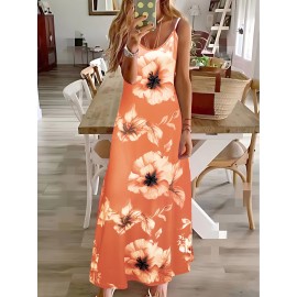 Long Sleeveless Spaghetti Strap Floral Print Slingback Dress - Sexy Beach Style, Regular Fit, Micro Elasticity, Machine Washable, Polyester Fabric - Perfect for Adult Women