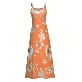 Long Sleeveless Spaghetti Strap Floral Print Slingback Dress - Sexy Beach Style, Regular Fit, Micro Elasticity, Machine Washable, Polyester Fabric - Perfect for Adult Women