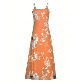 Long Sleeveless Spaghetti Strap Floral Print Slingback Dress - Sexy Beach Style, Regular Fit, Micro Elasticity, Machine Washable, Polyester Fabric - Perfect for Adult Women