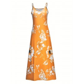 Long Sleeveless Spaghetti Strap Floral Print Slingback Dress - Sexy Beach Style, Regular Fit, Micro Elasticity, Machine Washable, Polyester Fabric - Perfect for Adult Women