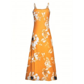 Long Sleeveless Spaghetti Strap Floral Print Slingback Dress - Sexy Beach Style, Regular Fit, Micro Elasticity, Machine Washable, Polyester Fabric - Perfect for Adult Women