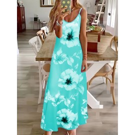 Long Sleeveless Spaghetti Strap Floral Print Slingback Dress - Sexy Beach Style, Regular Fit, Micro Elasticity, Machine Washable, Polyester Fabric - Perfect for Adult Women