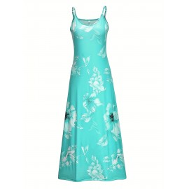 Long Sleeveless Spaghetti Strap Floral Print Slingback Dress - Sexy Beach Style, Regular Fit, Micro Elasticity, Machine Washable, Polyester Fabric - Perfect for Adult Women