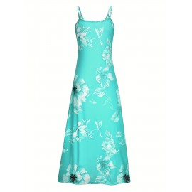 Long Sleeveless Spaghetti Strap Floral Print Slingback Dress - Sexy Beach Style, Regular Fit, Micro Elasticity, Machine Washable, Polyester Fabric - Perfect for Adult Women