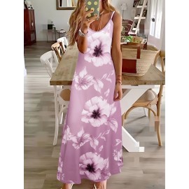 Long Sleeveless Spaghetti Strap Floral Print Slingback Dress - Sexy Beach Style, Regular Fit, Micro Elasticity, Machine Washable, Polyester Fabric - Perfect for Adult Women