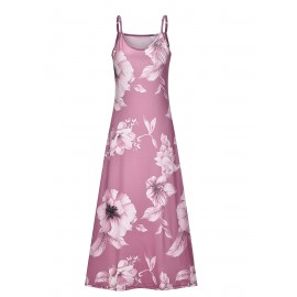 Long Sleeveless Spaghetti Strap Floral Print Slingback Dress - Sexy Beach Style, Regular Fit, Micro Elasticity, Machine Washable, Polyester Fabric - Perfect for Adult Women