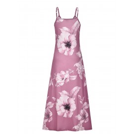 Long Sleeveless Spaghetti Strap Floral Print Slingback Dress - Sexy Beach Style, Regular Fit, Micro Elasticity, Machine Washable, Polyester Fabric - Perfect for Adult Women