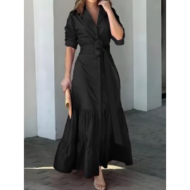Stunning Ruffled Maxi Dress - Solid Button Front, Belted Waist, Elegant Ruched Sleeve, Flowy Design, Women's Clothing for Special Occasions