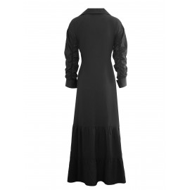 Stunning Ruffled Maxi Dress - Solid Button Front, Belted Waist, Elegant Ruched Sleeve, Flowy Design, Women's Clothing for Special Occasions