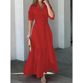 Stunning Ruffled Maxi Dress - Solid Button Front, Belted Waist, Elegant Ruched Sleeve, Flowy Design, Women's Clothing for Special Occasions