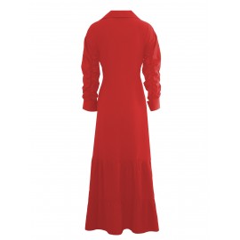 Stunning Ruffled Maxi Dress - Solid Button Front, Belted Waist, Elegant Ruched Sleeve, Flowy Design, Women's Clothing for Special Occasions