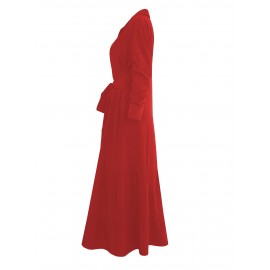 Stunning Ruffled Maxi Dress - Solid Button Front, Belted Waist, Elegant Ruched Sleeve, Flowy Design, Women's Clothing for Special Occasions
